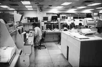 IBM 4341-era data center with terminals and operators