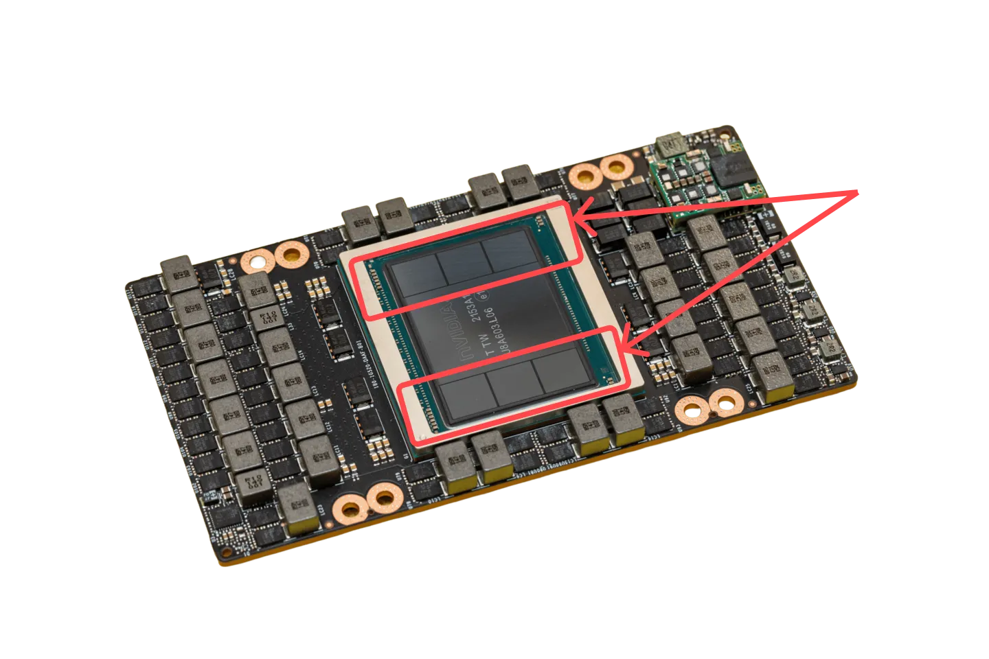 GPU package with HBM stacks highlighted next to the GPU die